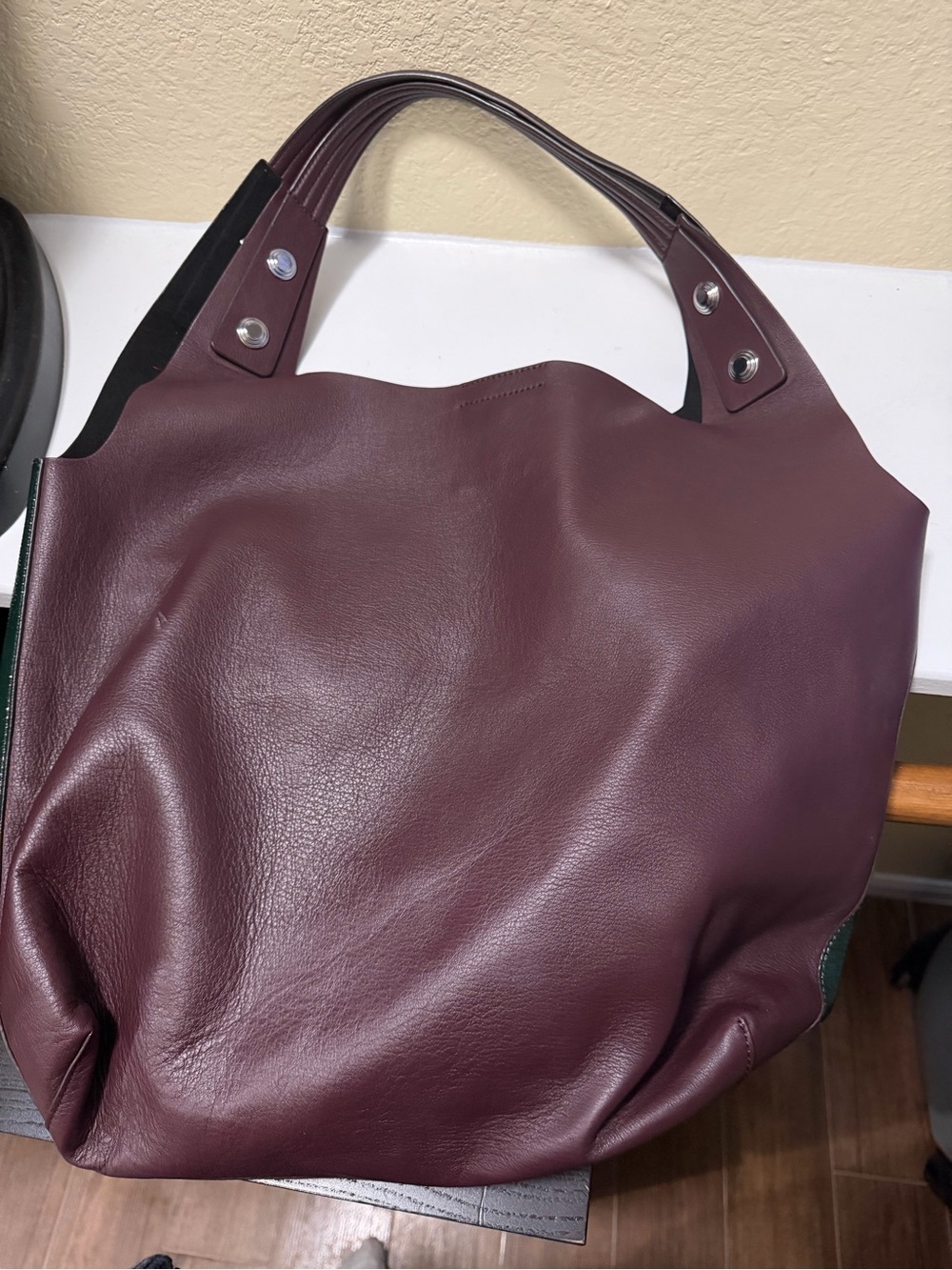 Tory Burch Dark Green Tote with Burgundy Handles - Picture 3 of 8
